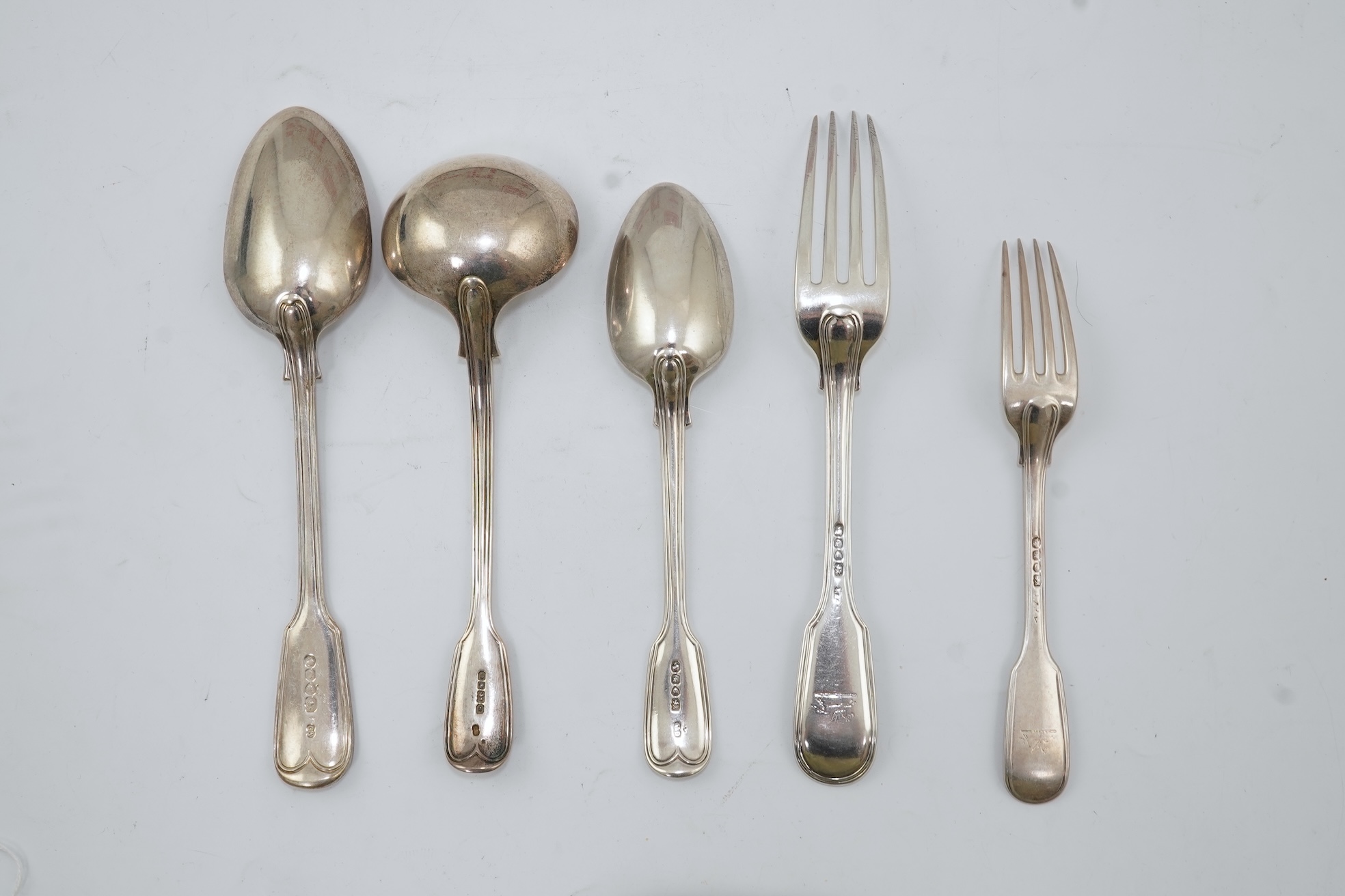 A part canteen of Victorian silver double struck fiddle and thread pattern flatware, by George Adams